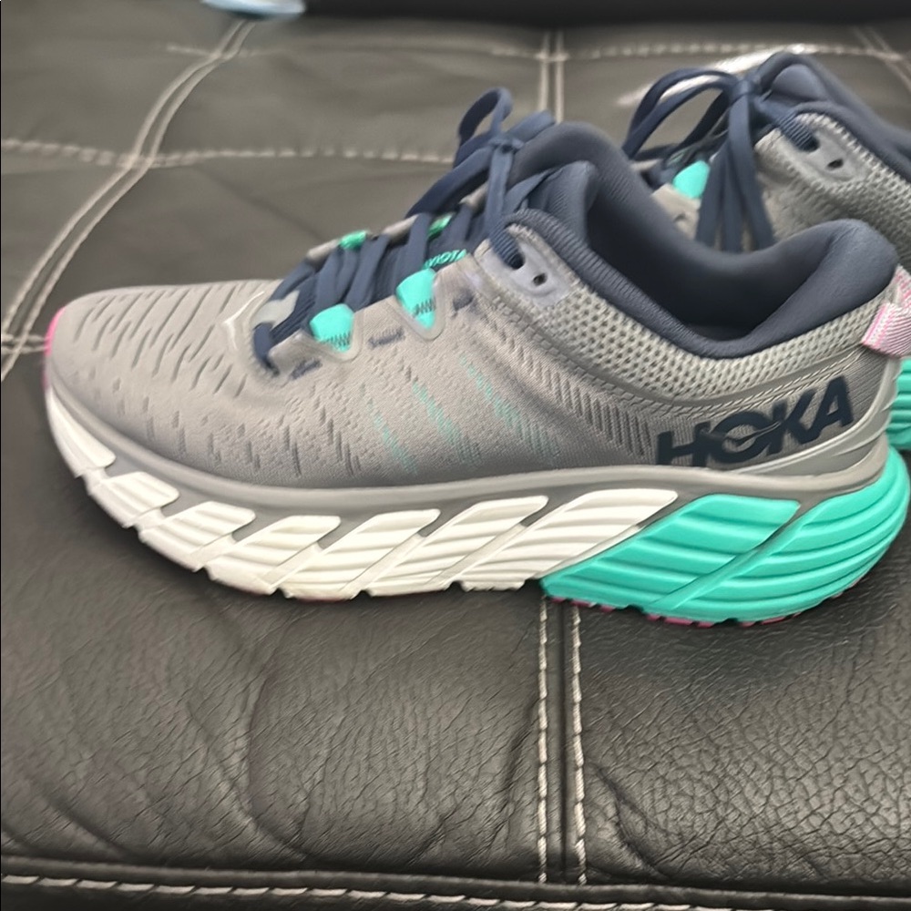Hoka Gray and Aqua Running Shoes